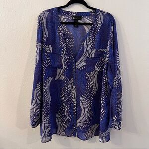Lane Bryant Blouse Size 26/28 Blue Long Sleeve Sheer Career Roll-tab Sleeves
